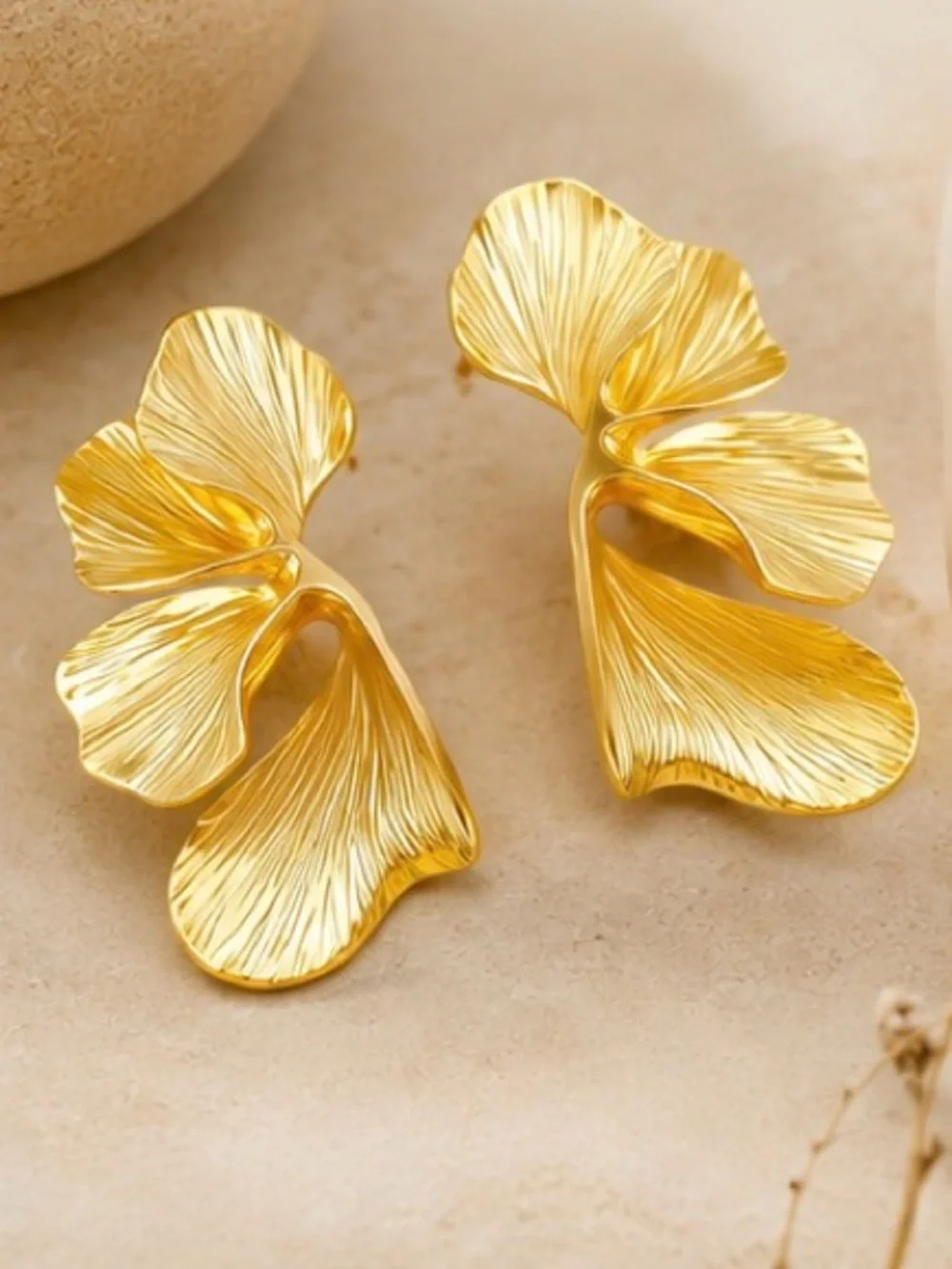 Gold Sculptural Leaf Statement Earrings | Elegant Textured Botanical Designed